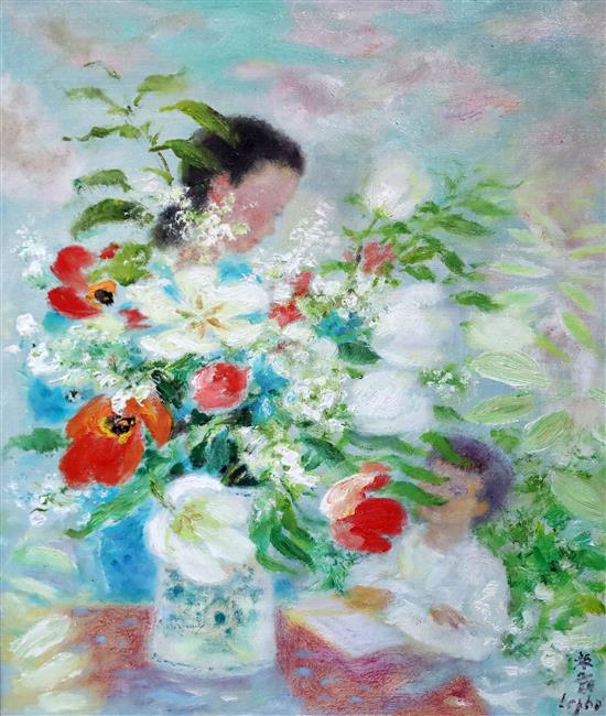 Le Pho (Vietnamese-French, 1907-2001) Mother and child arranging flowers in a vase, 17.75 x 14.5in.